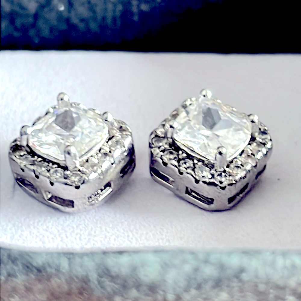 Solid Sterling Silver Clear Stone Earrings W/ Ste… - image 4